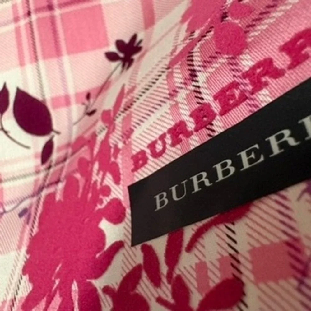 Vtg BURBERRY Scarf Handkerchief Plaid Floral Cotton Pink 19.5